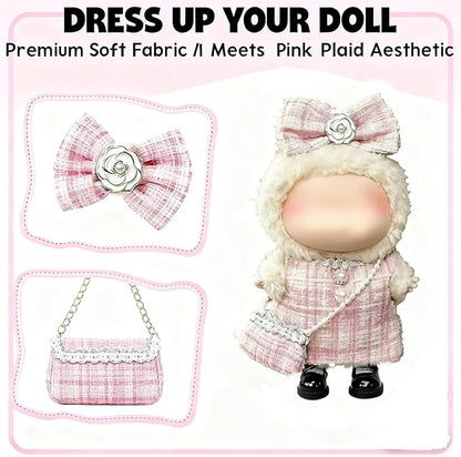 Clothes for LABUBU 17cm Doll (NO Doll)（NO Shoes, Outfit for LABUBU, Dress + Hairpin + Mini Bag Set for LABUBU Dress Up, Fashion and Premium Dolls Accessories for LABUBU (Style J)