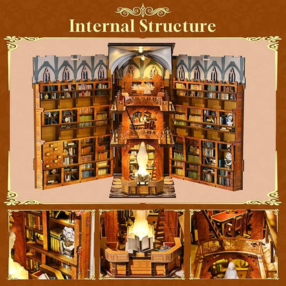 DIY Book Nook Kit, Miniature Dollhouse Booknook Kit, 3D Wooden Puzzle for Teens and Adults, Bookend Bookshelf Insert with LED Light (Public Library)