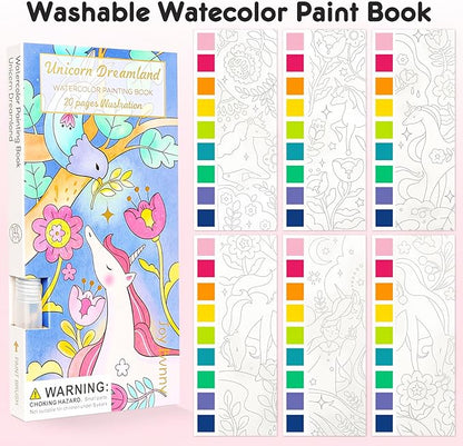 Watercolor Painting Coloring Books Pocket Watercolor Paint Bookmarks, Mess Free Paint with Water Set, Travel Class Activities Art Party Favors Exchange Birthday Gifts for Kids (Unicorn Dream)