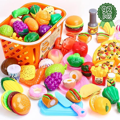 92PCS Play Food Set for Kids, Pretend Play Toys for Play Kitchen & Toddlers Learning, Food Toys with Cutting Fruits & Vegetables, Fake Food Gift Kitchen Playset for Kids Ages 3+