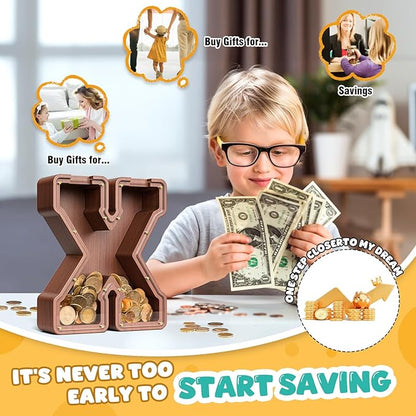 Summidate Wooden Letter Piggy Bank, Extra Thick Large Capacity Piggy Bank for Kids Boys Girls Toddler, Alphabet X Money Bank| Coin Box Birthday, Christmas, Festival