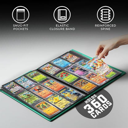 Trading Card Binder Pro-Folio – 9 Pocket Binder - Side-Loading Album, Durable & Acid-Free Storage for Pokémon, YuGiOh, MTG, TCG, Game & Sports Cards, Dark Green