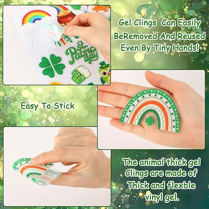 MARFOREVER 50 PCS St. Patrick's Day Gel Window Clings Stickers Reusable Green Shamrock Thick Gel Clings Decals for Spring Irish St Patrick's Day Kids Toddlers Classroom Party Window Glass Decoration