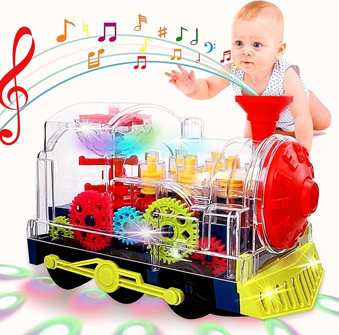 Light up Baby Train Toy - Transparent Gear Musical Train with LED Lights & Music - Educational Sensory Crawling Toys for Infants and Toddlers for Boys & Girls
