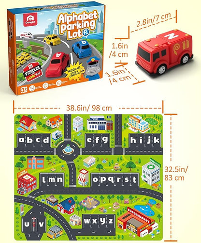 Coogam Alphabet Maze, 26pcs Pull Back Car with Play Mat Preschool Letter Matching Game for 3 4 5 Years Old, Montessori Educational Fine Motor Gift Toy for Toddler Kids