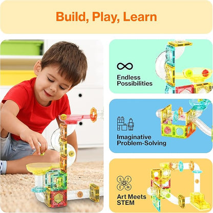 PicassoTiles Magnet Tile Building Block 80pc Marble Run Race Track Travel Size Pretend Play Toy With Launcher Lifter STEM Education Learning Magnetic Tiles Construction Kit School Boys Girls 3+ PTMG80