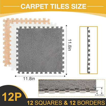 12 Pcs Plush Interlocking Carpet Tiles, Non-Toxic Foam Carpet Tiles for Toddler Baby, Machine-Washable, Anti-Slip, EVA Foam Interlocking Tiles for Floor, Nursery, Grey White Light Brown