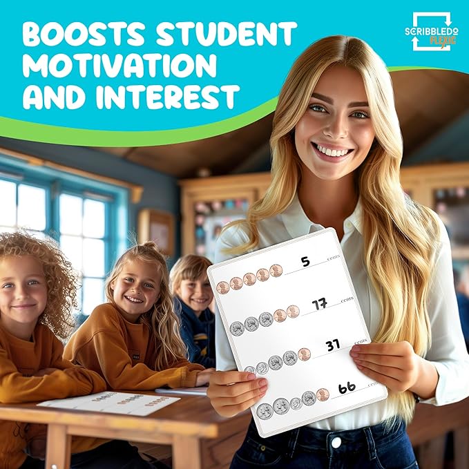 SCRIBBLEDO Coin Practice 9”x12” Small White Board Dry Erase Sheets Math Manipulatives 2nd Grade Money Learning Homeschool Supplies Teacher Students Classroom Pack of 10 Sheets
