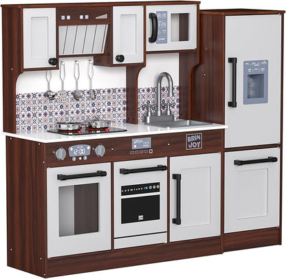 2-Piece Kids Kitchen Playset, Wooden Play Kitchen Set for Toddlers, Modular Pretend Play Kitchen w/Light&Sound Stove Oven, Large Kitchen Cooking Toy w/Refrigerator, Gift for Girls Boys