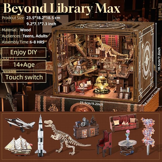 DIY Book Nook Kit, Miniature Dollhouse Booknook Kit, 3D Wooden Puzzle Bookend Bookshelf Insert Decor with LED Light for Teens and Adults (Beyond Library Max)