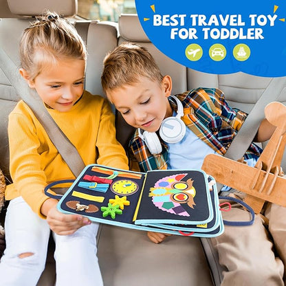 Toddler Busy Board, Montessori Sensory Toys for Boys, 1-4 Year Old Girl Toddler Travel Toys, Educational Learning Activities Board for Motor Skills, Birthday Gifts for Airplane Car, Blue Dinosaur