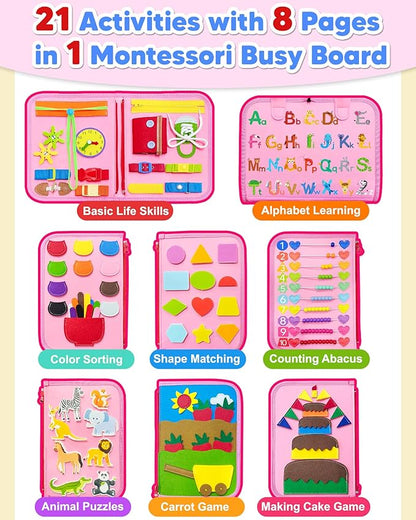 Exorany Busy Board Montessori Toys for Toddler Girl Birthday Gifts, Busy Book Sensory Learning Toys for Toddlers, Toddler Girl Airplane Car Travel Toy Educational Activities