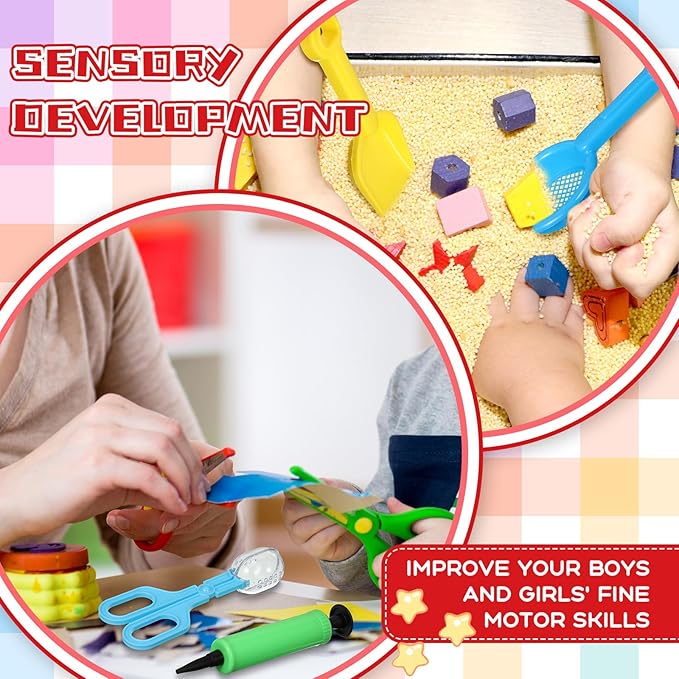 Wettarn 9 Pcs Sensory Bin Filler Fine Motor Skills Handy Scooper Set Sensory Bin Tools, Include 4 Scoops, 2 Tweezers, Scissors Clips, Plastic Forceps and Air Pump for Sorting Counting
