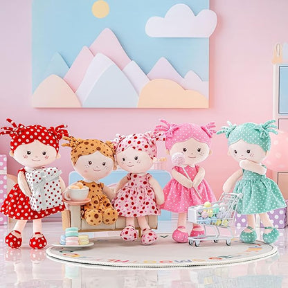 Onetoo First Baby Doll Soft Baby Doll for Girls Plush Rag Doll Sleeping Cuddle Buddy Doll Wear Pink Dress Red Polka Dot 14"