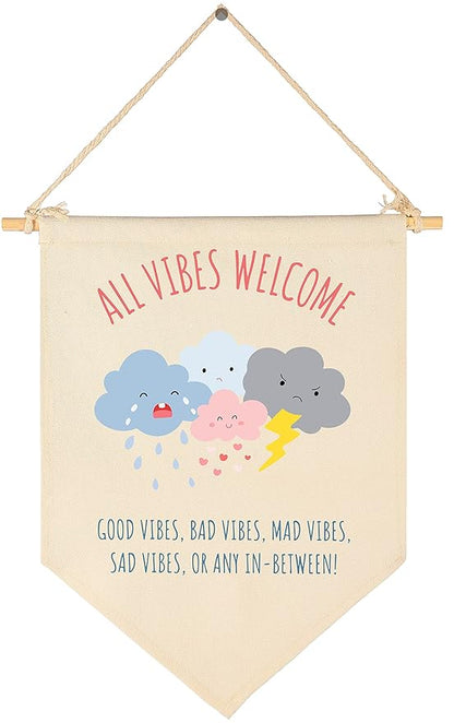 FYSIA All Vibes Welcome -Guidance Counselor Therapy Classroom Decor-Emotions-Mental Health Flag -Good Vibes Only-Feel Feelings Banner-Canvas Hanging Pennant Flag Banner Wall Sign Decor-Door Sign