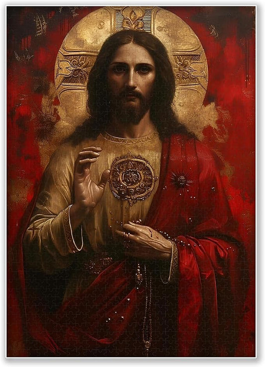 500-piece Red Jesus Christ-Religious Classics Adult Wooden Puzzle, Intellectual Challenge, Stress-Relieving Puzzle, Relaxing Family Activity, Decoration, Size: 20.5 x 15 in