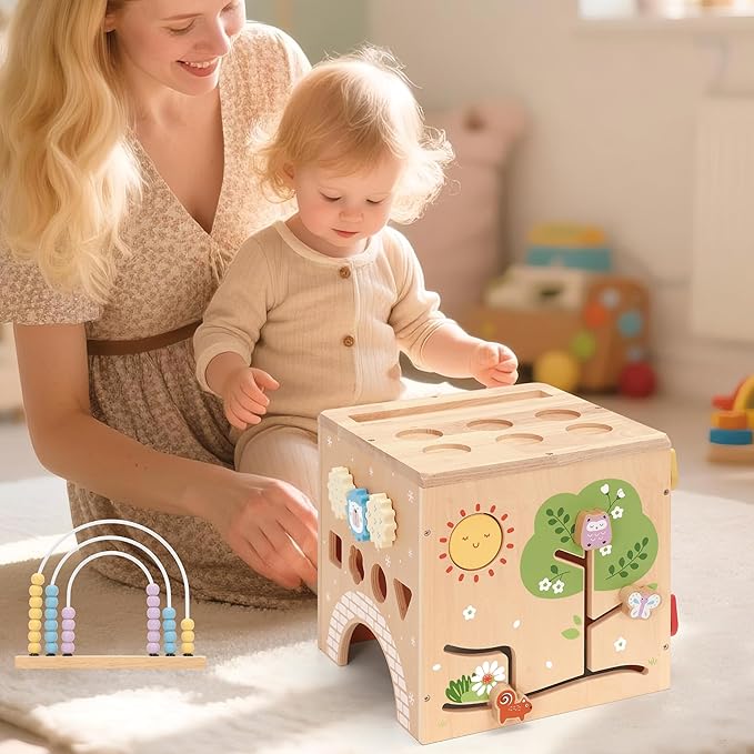 9-in-1 Wooden Activity Cube Baby Busy Board, Montessori Toys for Toddler Play Activity Center, Early Educational Toys with Shape Sorter, Abacus & Gear Toy, Sensory Gifts for Boys Girls