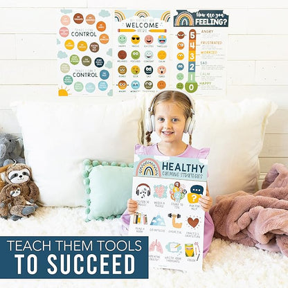Hadley Designs Feelings Chart For Kids Ages 4-8 - Emotions Chart For Toddlers 3-5, Counseling Feelings Posters For Classroom Calming Corner, Social Emotional Learning Posters, Boho Classroom Decor