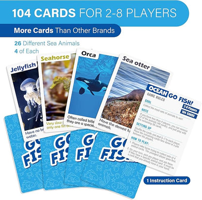 BenBen Go Fish Card Game for Kids, 104 Cards, Ocean Theme Memory Matching Game, Sea Animals Learning Playing Cards, Picture Cards with Real Photos, Fun Facts, 2-8 Players