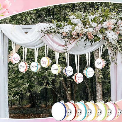 24 Set 4 Inch Tambourine for Adults Wooden Hand Held Drum with Metal Jingles, Gift Tags, White I Love You Printed Ribbon Percussion Gift Musical Instrument for Church Wedding Party(Colorful)