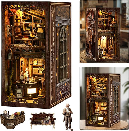ISSEVE Book Nook Kit, DIY 3D Wooden Puzzle Dollhouse Booknook for Adults, Tiny Miniature House Kit Bookshelf Decor with LED Light and Dust Cover, Gifts for Family and Friends (Coffee House)