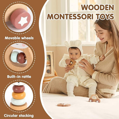 Freniland Wooden Montessori Toys, 5-Piece Wooden Baby Toys, Bear Wooden Baby Rattle, Fox Stacking Ring,Wooden Car Push and Pull Toys, Bear Grasping Toys,Newborn Baby Gift Sets for Boys and Girls