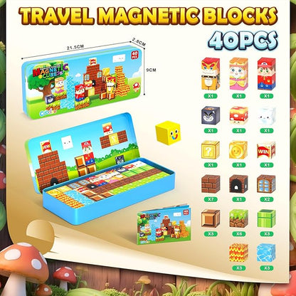Magnetic Blocks Travel Toys with Portable Metal Tin – Toddler Magnet Tiles Building Blocks STEM, Montessori Kids Toys for 3+ Year Old Boys & Girls, Classroom Must Haves, and Sensory Toys