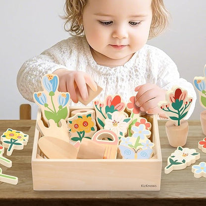 Wooden Toy Flower Garden Set Natural Gardening Toy Playset for Toddlers Pretend Play Blossom Flowerpot Educational Learning Toy for Girls Boys 3 Years and Up