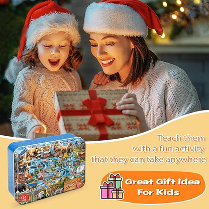 LELEMON Puzzles for Kids Ages 4-6,National Parks Map 100 Piece Puzzles for Kids Ages 4-8 in a Metal Box,Educational Jigsaw Puzzles 100 Piece Puzzle Games Puzzle Toys for Girls and Boys