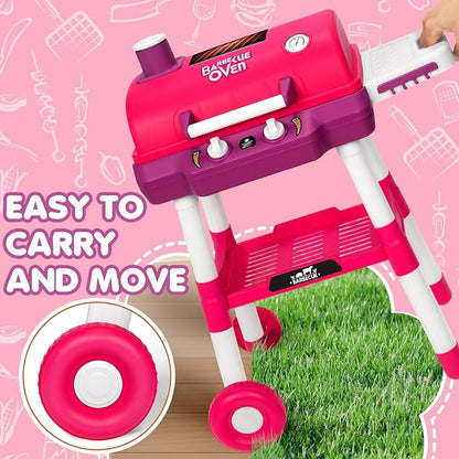 Kids Play Kitchen Toys, Kids BBQ Grill Playset with Smoke Sound Light, 2-Layer Barbecue Toy with Wheels, Outdoor Play Food Toys Cooking Set for Toddler 3-5, Birthday for Boy Girl (Pink)