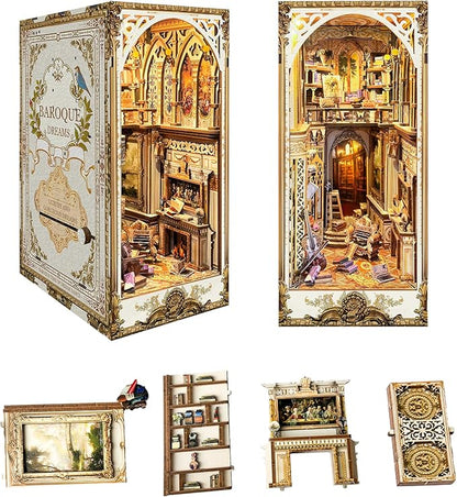DIY Book Nook Kit, DIY Miniature Dollhouse Kit for Adults and Teens, Book Nook Bookshelf Insert Decor 3D Wooden Puzzle Bookend Miniature Kit with Sensor Light Creative Craft (Victorian Library)