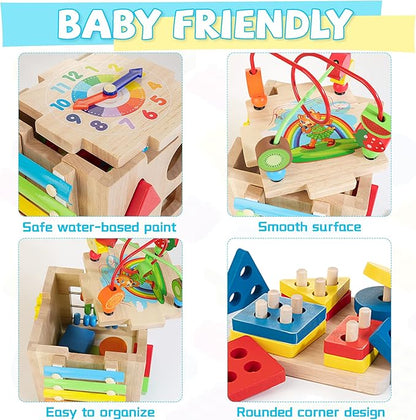 Bravmate Wooden Activity Cube, 8-in-1 Wooden Montessori Learning Toys for 18 M+ Toddlers, One Year Old First Birthday Gift, Baby Toy Set with Bonus Sorting & Stacking Board