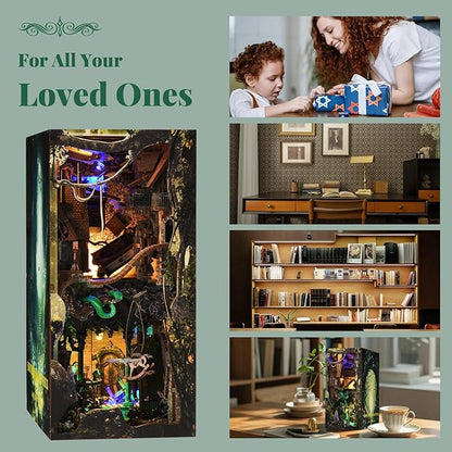 DIY Book Nook Kit for Adults, 3D Wooden Puzzle Bookend Bookshelf Insert Decor with LED Light and Dust Cover (Down The Rabbit-Hole Alice in Wonderland)
