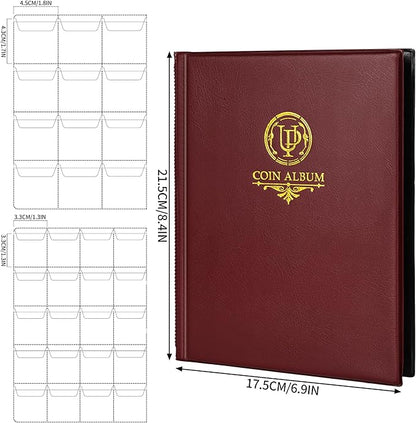 160 Pockets Coin Album - 10 Sheets Mixed Sizes Coin Holder 45x43/33x33 mm Collecting Grid for Pounds Pence Cents (Red) CS48160RE