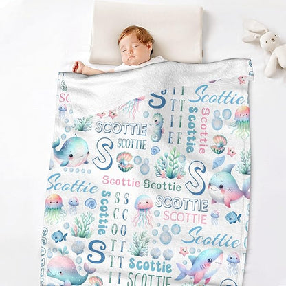 Personalized Baby Blanket for Girls Boys Kids Oceans Shark Custom Baby Blanket with Name Throw Birthday Gift for Toddlers Infants Shower Newborns Nursery Stroller Crib Bed Decor