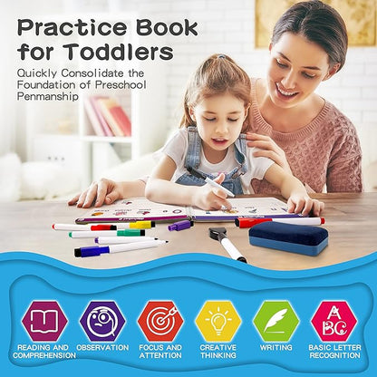Handwriting Practice - Tracing Books for Kids Ages 3-5, Montessori Preschool Learning Activity, Autism Educational Learn Number Letters Shapes Animal & Sight Words Workbook with 8 Dry Erase Markers