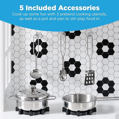 Best Choice Products Pretend Play Wooden Farmhouse Kitchen Set for Kids w/Toy Storage, Clicking Knobs, Windows, 5 Accessories Included - White/Black