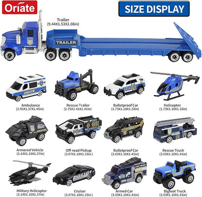 Oriate Diecast Police Rescue City S.W.A.T. Car Toys Set w/Heavy Duty Trailer Patrol, 13PCS Alloy Mini Police Vehicles Transport Trailer, Road Signs and Birthday Cake Topper Stickers for Kids