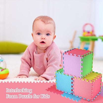 Nuanchu 60 Pcs Kids Foam Puzzle Floor Mat Bulk Solid Color Foam Play Mat with Borders Interlocking Multi Use Floor Rug for Baby Toddler Children Crawling Exercise Playroom 12 inch (Colorful)