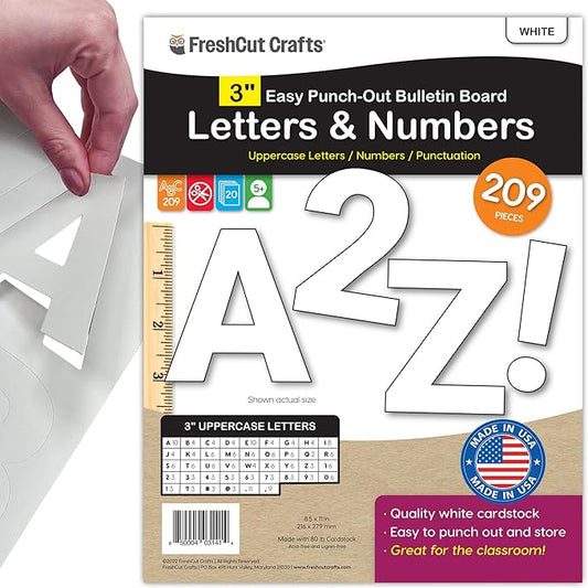 209 Pcs 3 in. White Bulletin Board Letters & Numbers, Capital Letters, Numbers, Punctuation, US Made Card Stock Punch Out Letters for Poster, Bulletin Board, Classroom