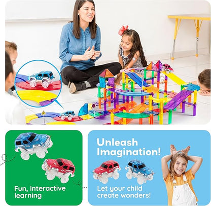 PicassoTiles 2pcs Magnetic Toy Car Set Highly Detailed Compatible with Magnet Race Track STEM Truck Replacement Accessories Educational Construction Building Kits for Toddlers Boys & Girls Ages 3+