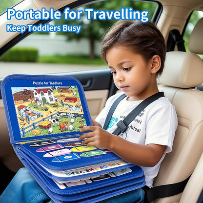 12-Page Toddler Busy Board Montessori Toys, Busy Book for Toddlers, Boy Girl Birthday Gift,Toddler, 24 in 1 Activity Sensory Toys for Motor Skills, Travel Toy for Car Airplane (Blue)