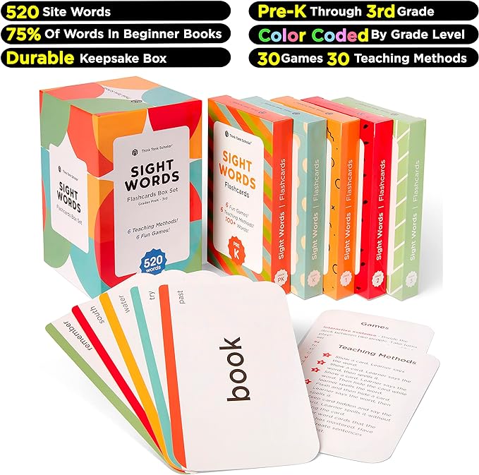 Think Tank Scholar Sight Words Flash Cards – 520 High Frequency Words for Kids Ages 3–9 – Dolch & Fry List – Award-Winning Reading Tool for Preschool, Kindergarten, 1st, 2nd, 3rd Grade – Classroom Set