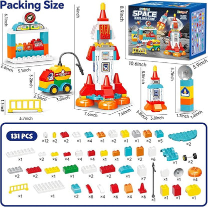 Building Blocks for Toddlers 1-3-5, 131 Pcs Space Rocket STEM DIY Big Classic Building Bricks Toys Set for Kids Ages 2-4-5-8, Compatible With All Major Brands, Spaceship Gift Toy for 3-5 Boys Girls