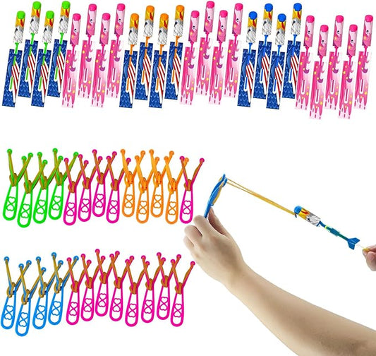 50 Pcs Slingshot Flying Toys with Led Lights,25 Pcs LED Arrow Helicopters + 25 Pcs Launchers,Summer Outdoor Game Glow in The Dark Party Supplies Party Favors for Kids 4-8,8-12 Bulk Toys