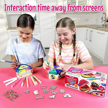 GirlZone Jewelry & Treasure Box, DIY Jewelry Box, DIY Craft for Kids Include Wooden Boxes, Shapes, Acrylic Paint Pens, Gem Stickers & Table Cover, Ideal Painting Crafts for Girls, Valentine Gifts