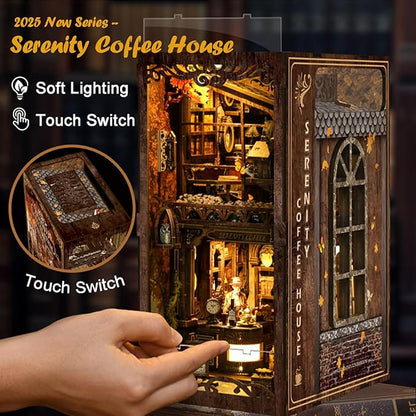 [2025 New] Coffee House Book Nook Kit with Dust Cover & LED Light, DIY Miniature House Kit Toy, 3D Wooden Puzzle Bookshelf Decor Building Kit, Birthday Gifts for Family & Friends