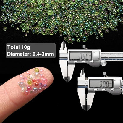 Iridescent Glass Tiny Bubble Beads, 0.4-3mm 10g No Hole Micro Mini Round Light Green Water Droplets Beads - Applications: for Resin Filler, Nail Art, Dollhouse Bath Tub