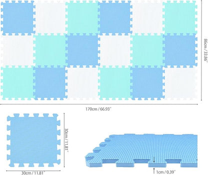 qqpp EVA Rubber 18 Tiles Interlocking Puzzle Foam Floor Mats - Baby Play Mat for Playing | Exercise Mat for Home Workout. White, Blue, Green. QC-AGHb18N