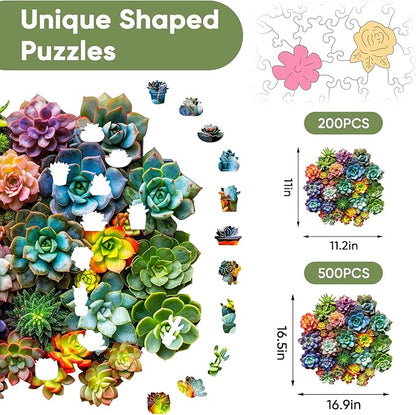 delobi Succulent Plants Wooden Puzzles, 200 Pieces Jigsaw Puzzles 11.2'' x11'', Unique Design Liberty Wooden Puzzles for Adults and Kids, Family Game Gift Medium Size